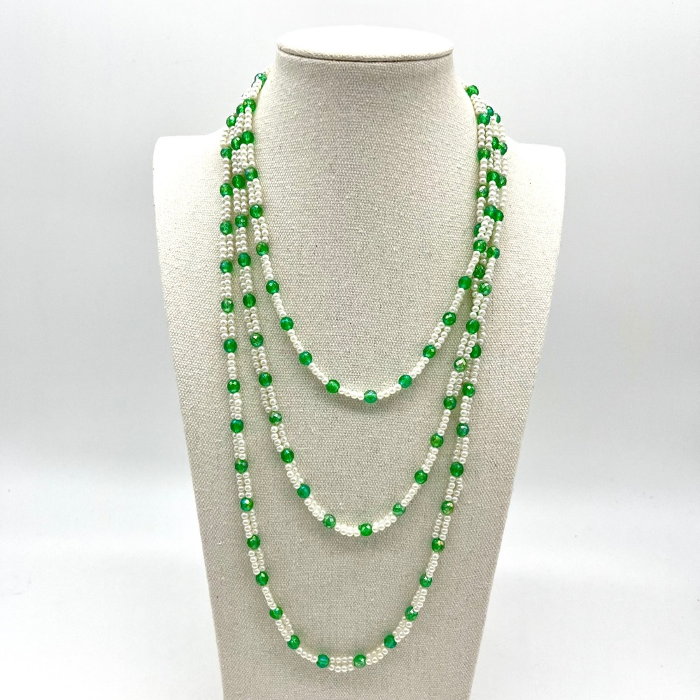 Beaded Layering‎ Necklace 68" Green White Faux Pearls Long Fashion Jewelry